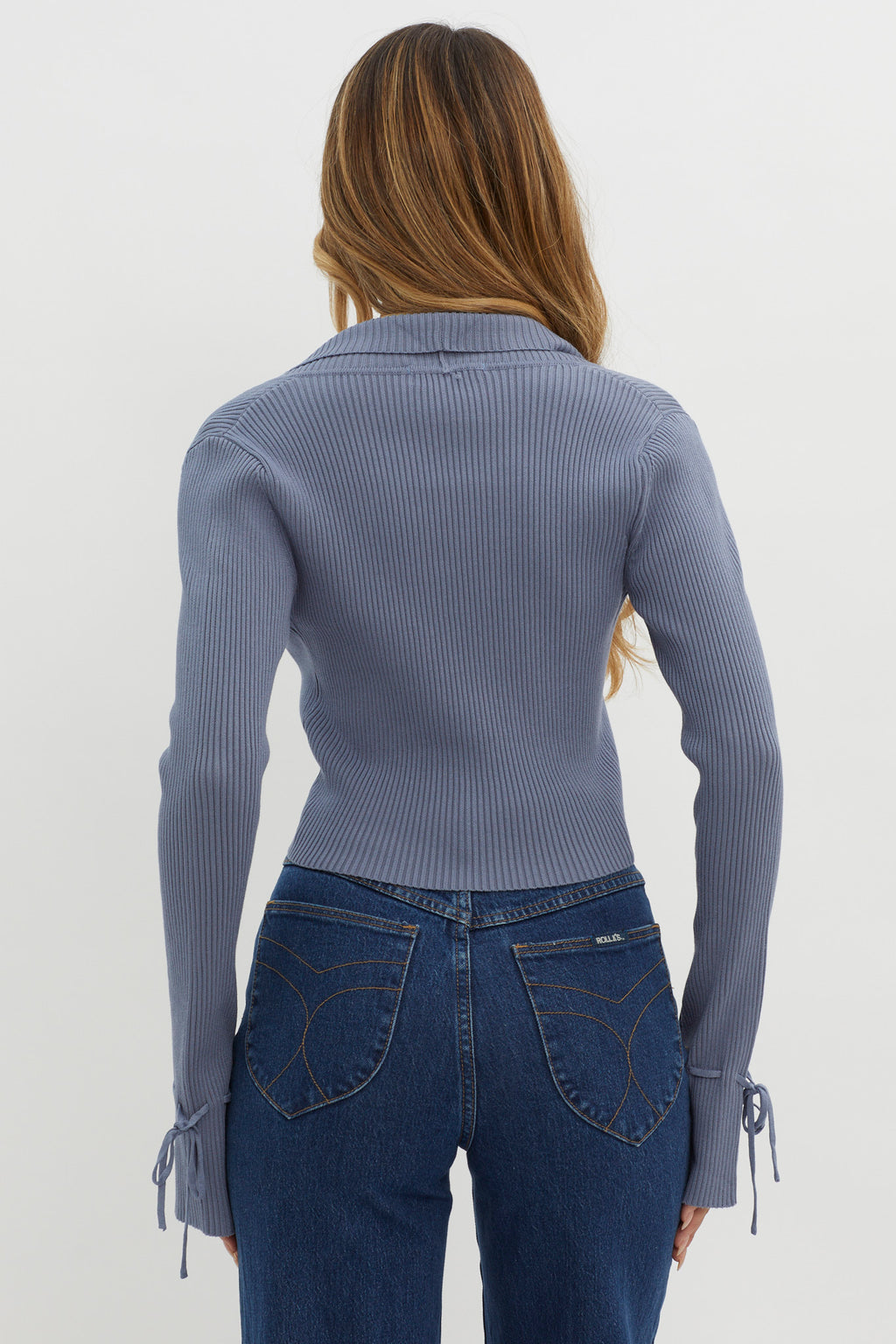Pippi Flared Cuff Knit Crop Top Dusty Blue by Selfie Leslie Australia