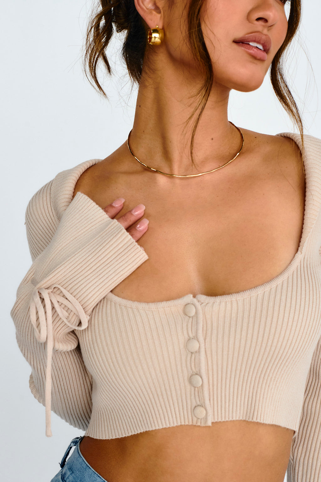 Pippi Flared Cuff Knit Crop Top Taupe by Selfie Leslie Australia