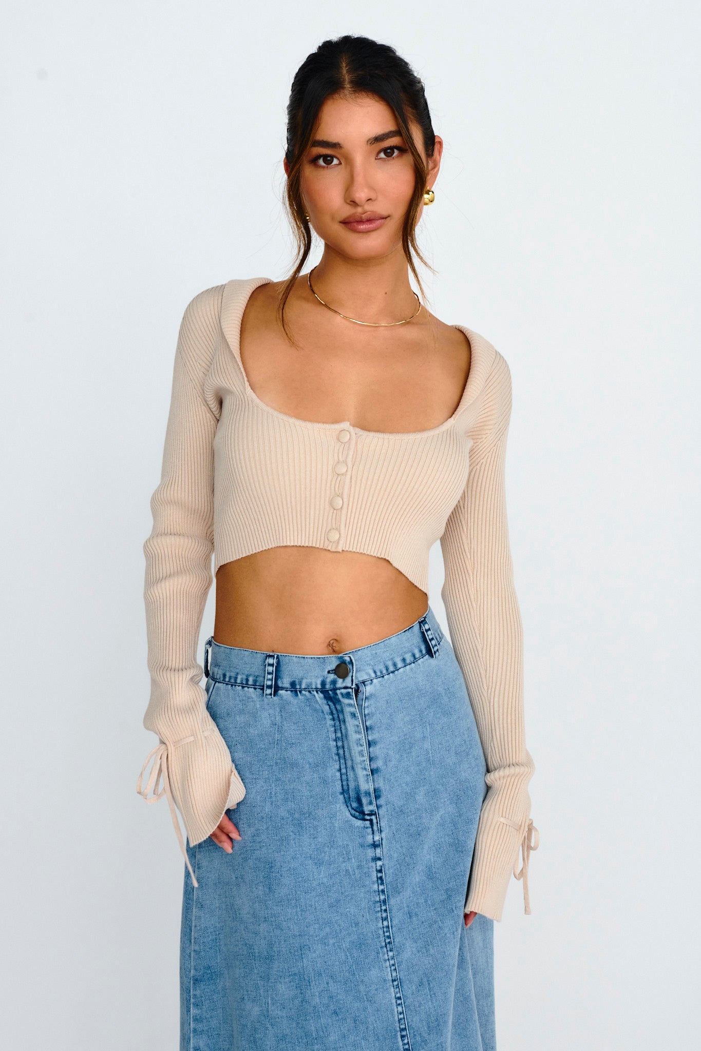 Pippi Flared Cuff Knit Crop Top Taupe by Selfie Leslie Australia