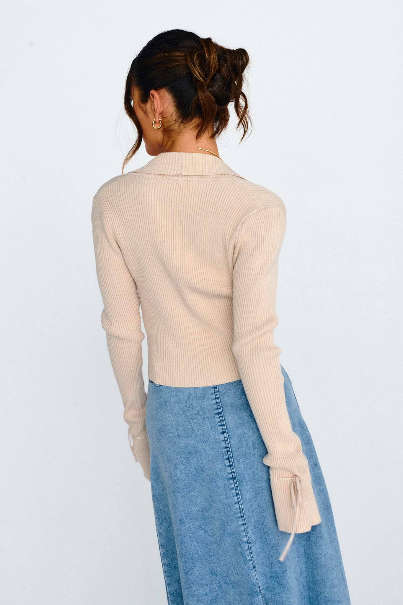 Pippi Flared Cuff Knit Crop Top Taupe by Selfie Leslie Australia