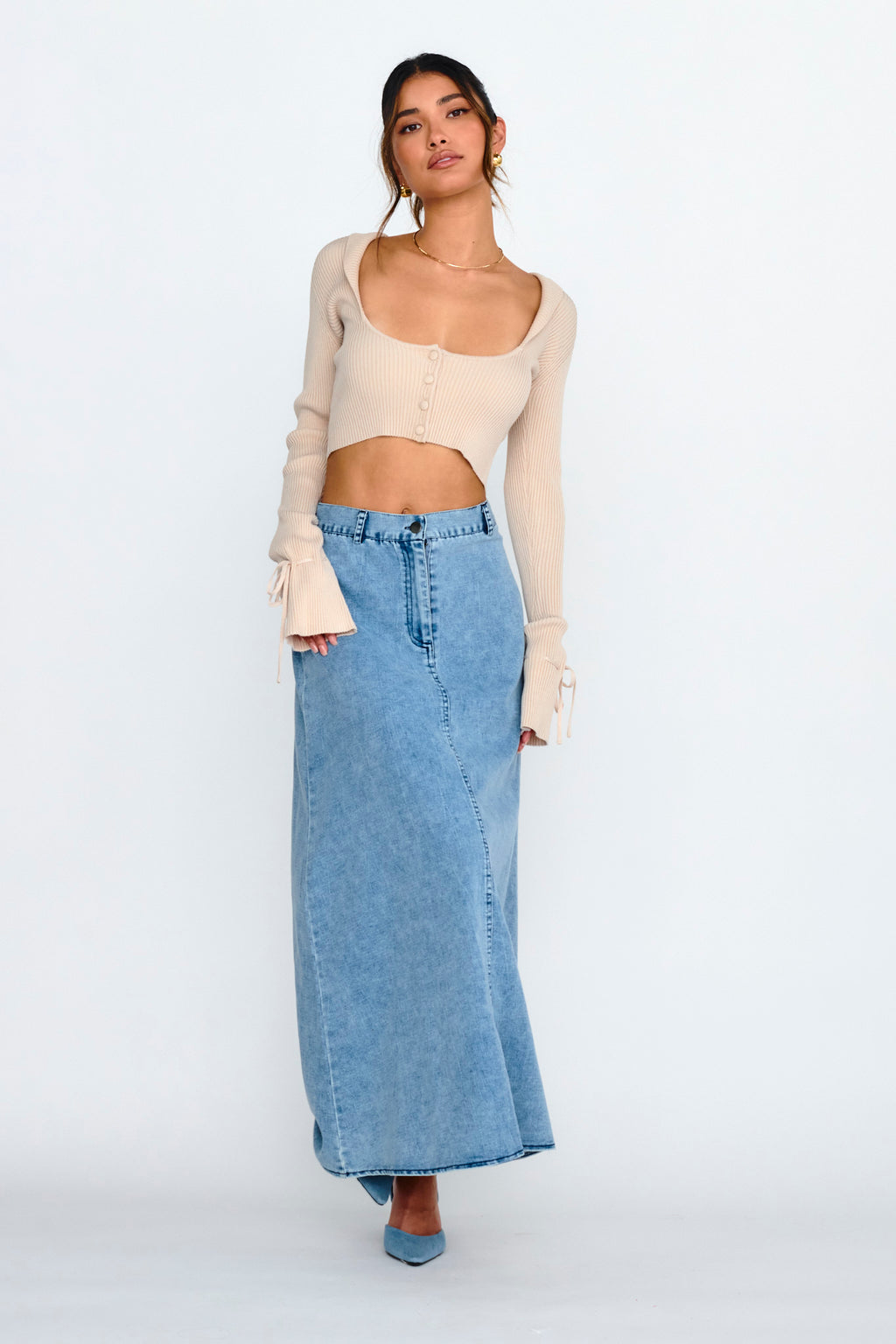 Pippi Flared Cuff Knit Crop Top Taupe by Selfie Leslie Australia