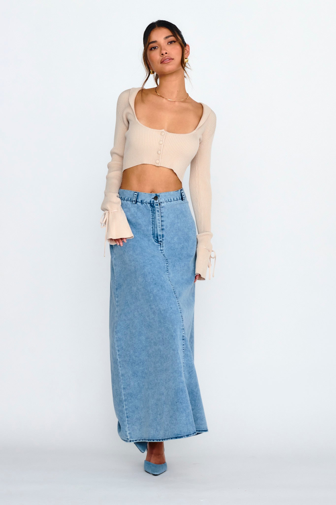 Pippi Flared Cuff Knit Crop Top Taupe by Selfie Leslie Australia