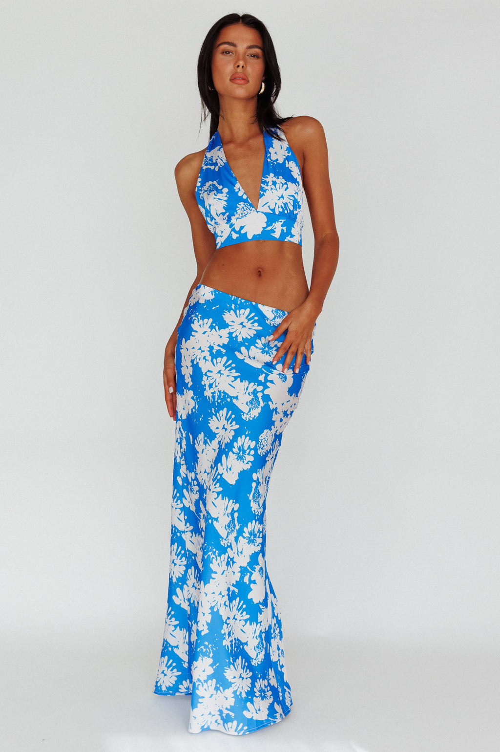 Manila Satin Maxi Skirt Blue Floral by Selfie Leslie Australia