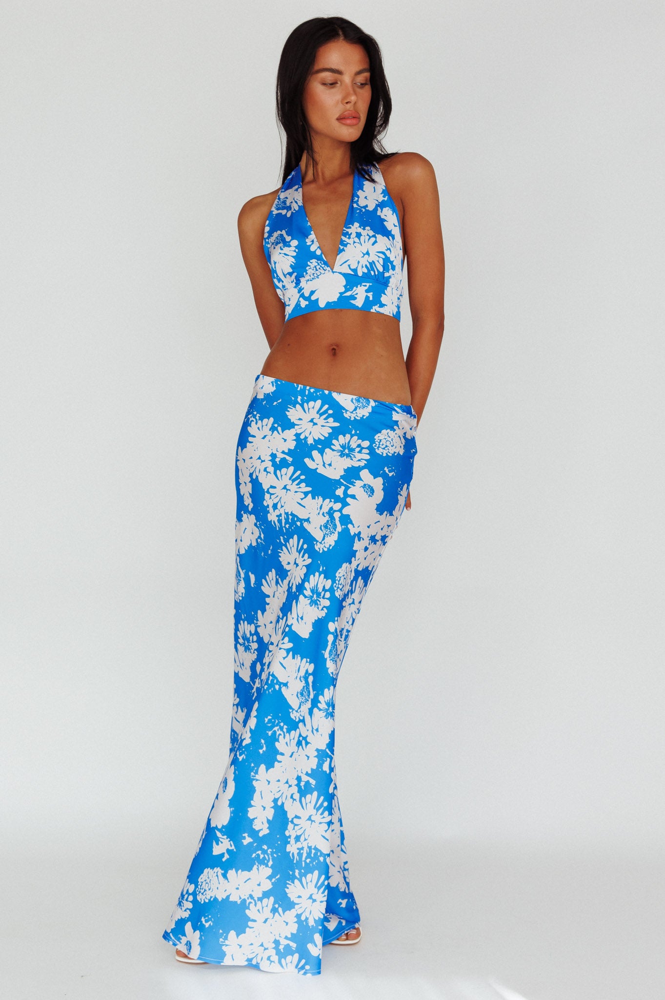 Manila Satin Maxi Skirt Blue Floral by Selfie Leslie Australia