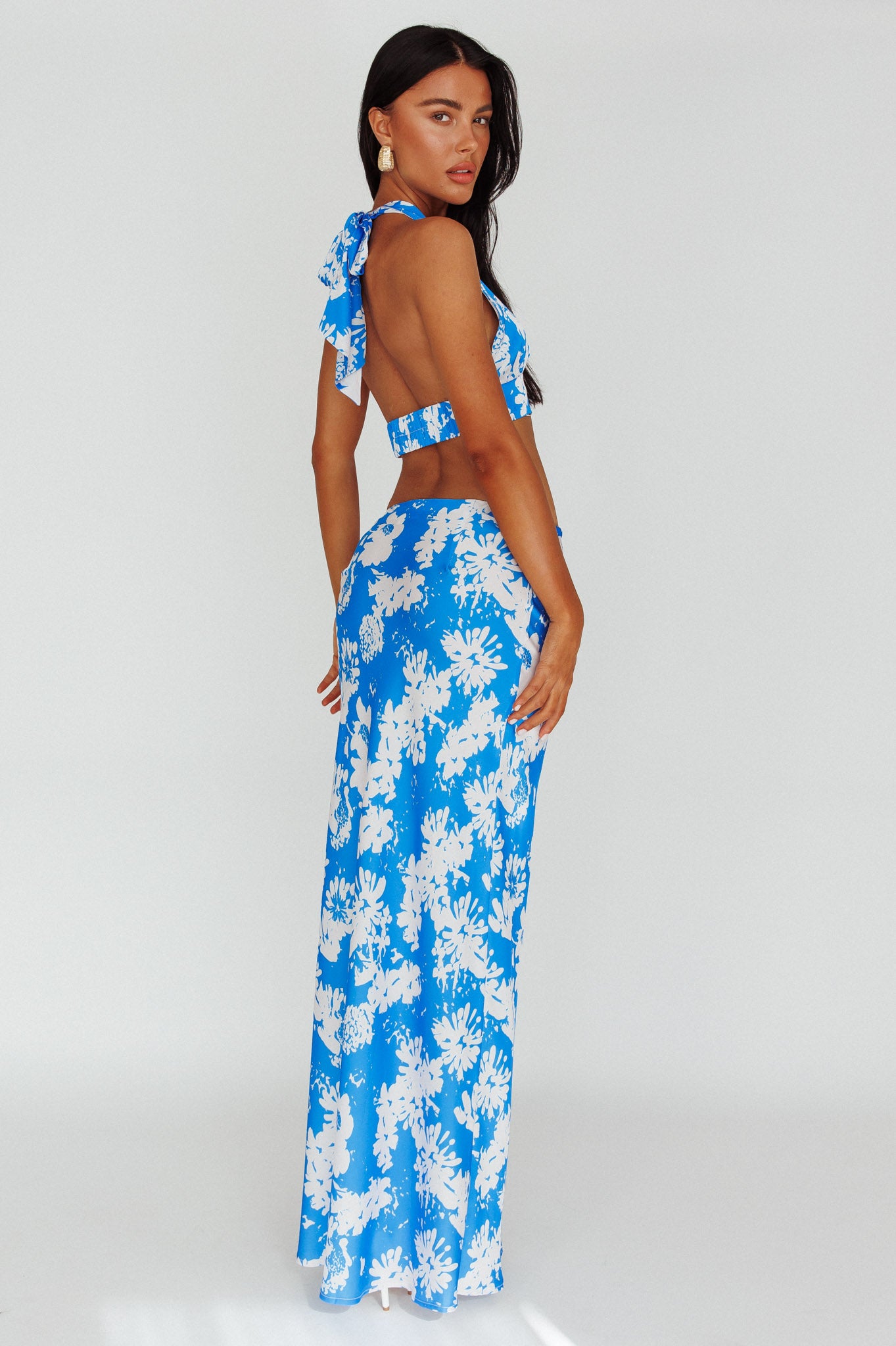 Manila Satin Maxi Skirt Blue Floral by Selfie Leslie Australia