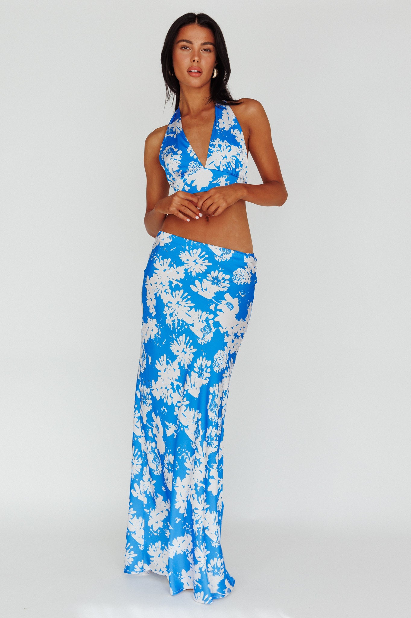 Manila Satin Maxi Skirt Blue Floral by Selfie Leslie Australia