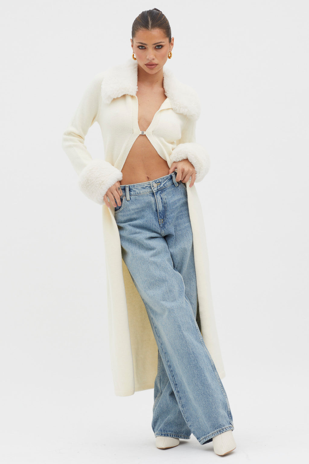Snowflakes Fur Trim Longline Cardigan Coat Ivory by Selfie Leslie Australia