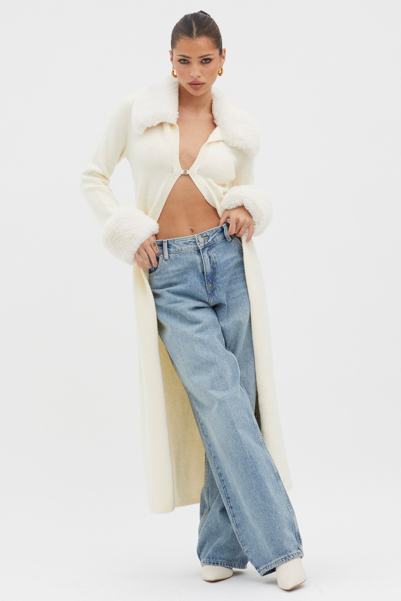 Snowflakes Fur Trim Longline Cardigan Coat Ivory by Selfie Leslie Australia