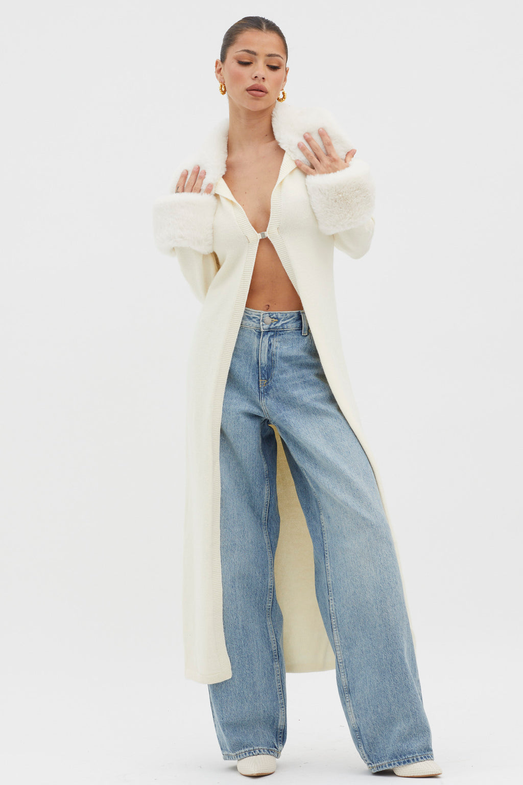 Snowflakes Fur Trim Longline Cardigan Coat Ivory by Selfie Leslie Australia