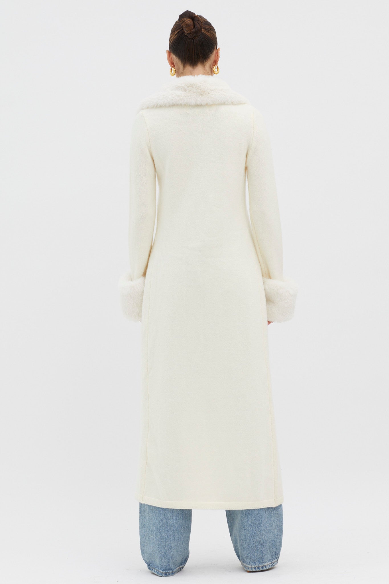 Snowflakes Fur Trim Longline Cardigan Coat Ivory by Selfie Leslie Australia