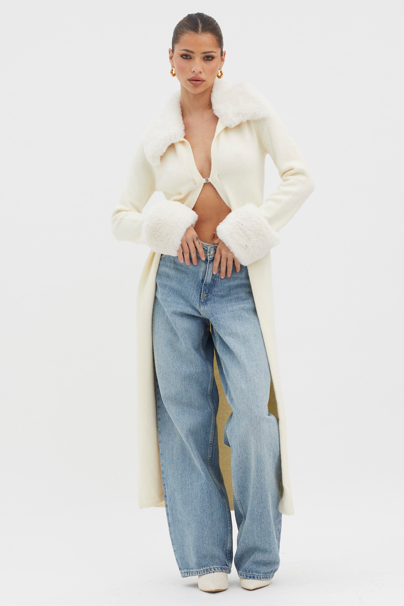 Snowflakes Fur Trim Longline Cardigan Coat Ivory by Selfie Leslie Australia