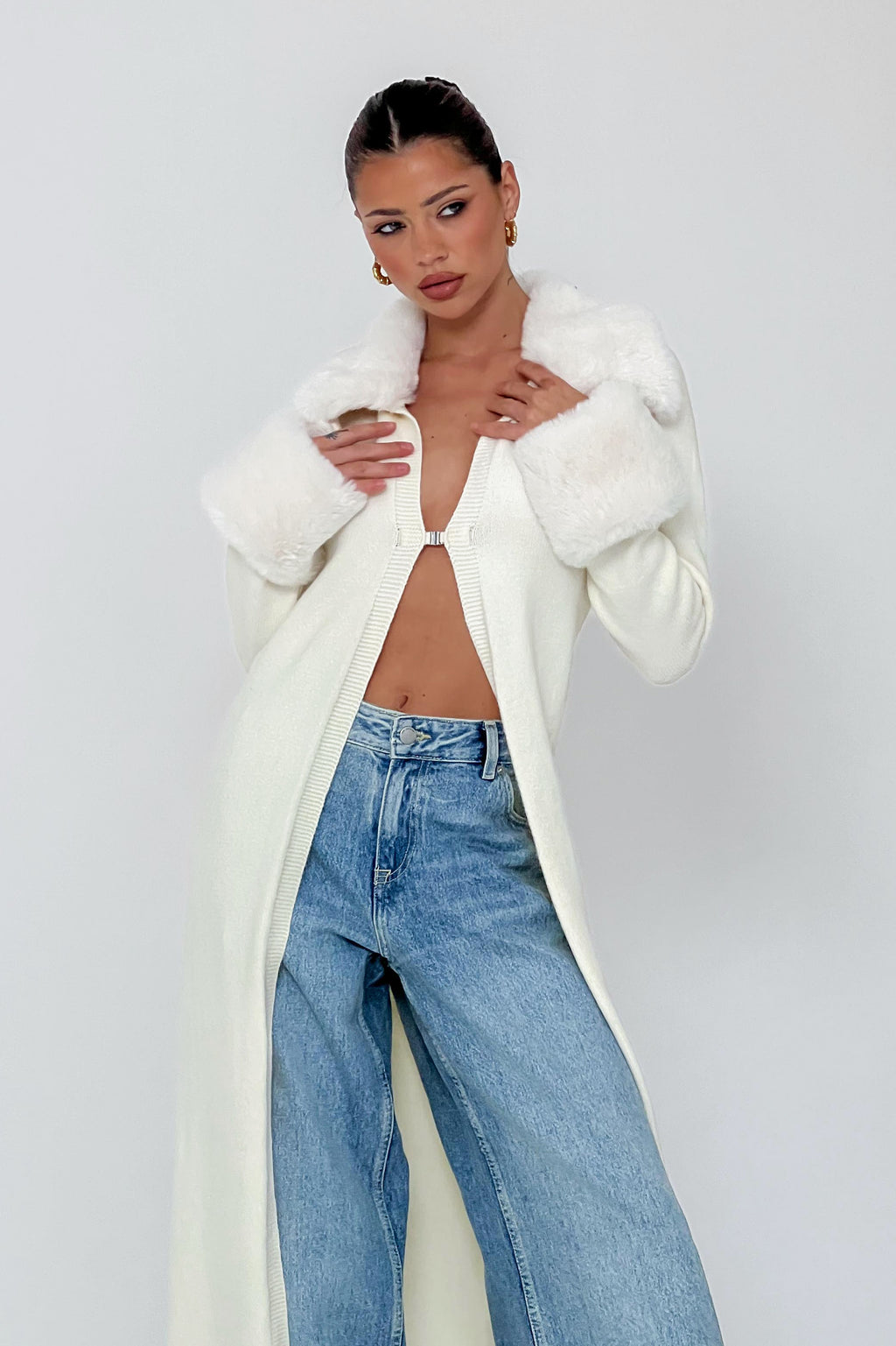 Snowflakes Fur Trim Longline Cardigan Coat Ivory by Selfie Leslie Australia