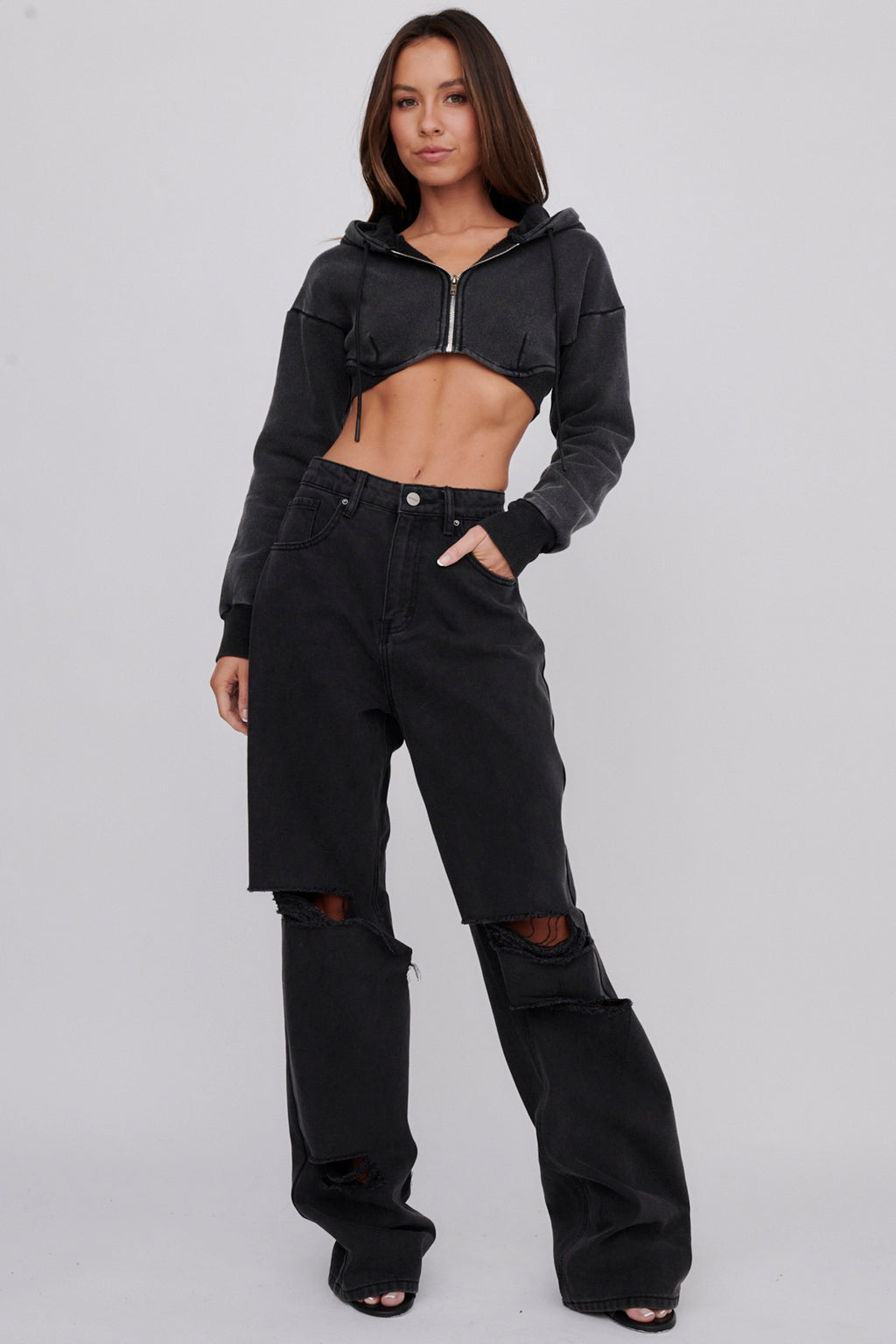 Alias Crop Hoodie Jacket Washed Black by Selfie Leslie Australia