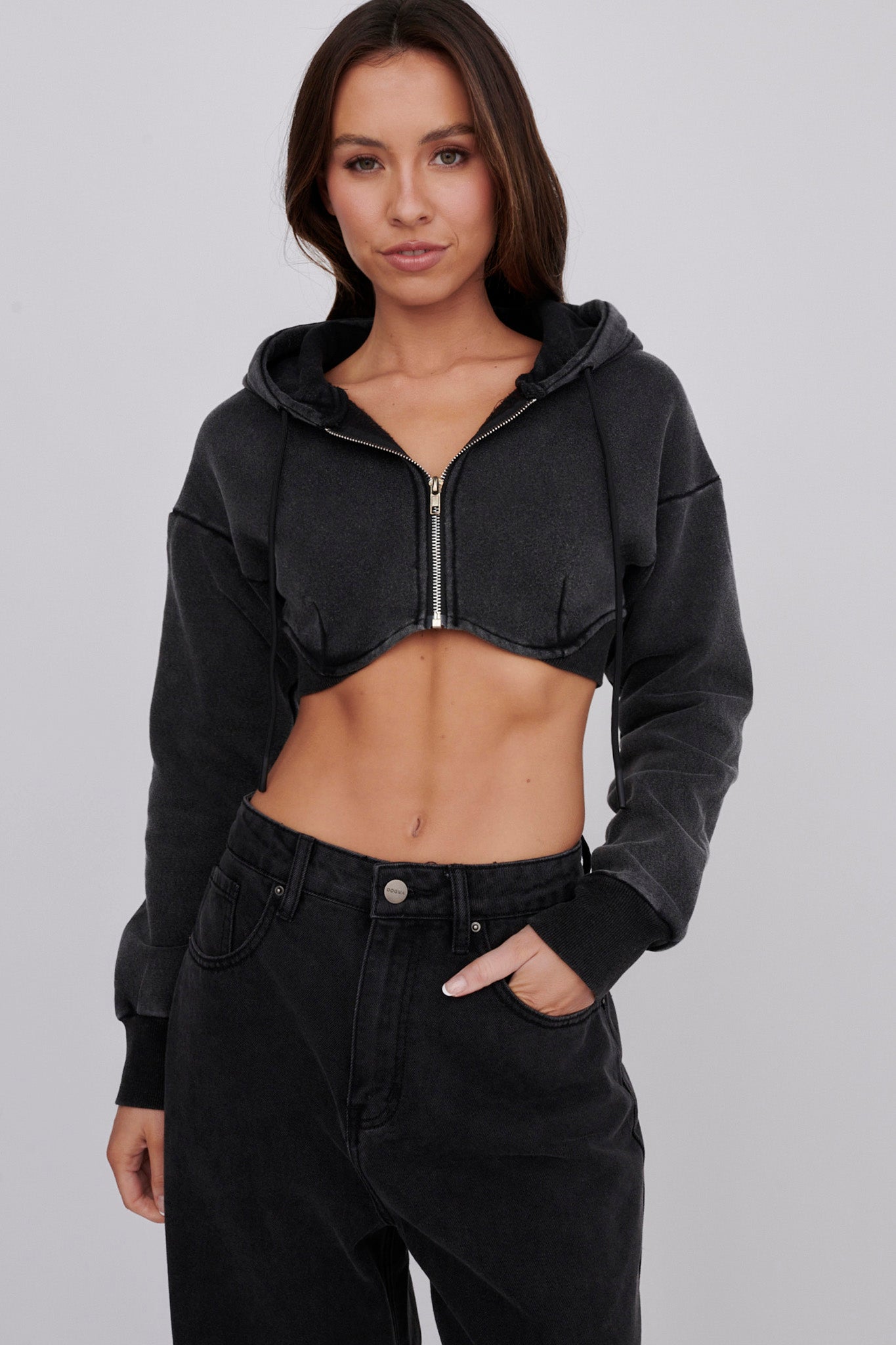 Alias Crop Hoodie Jacket Washed Black by Selfie Leslie Australia