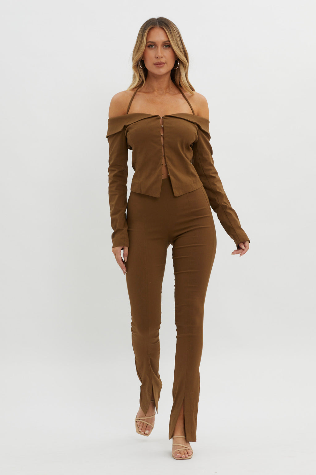 Zuzana Split Hem Flare Pants Brown by Selfie Leslie Australia