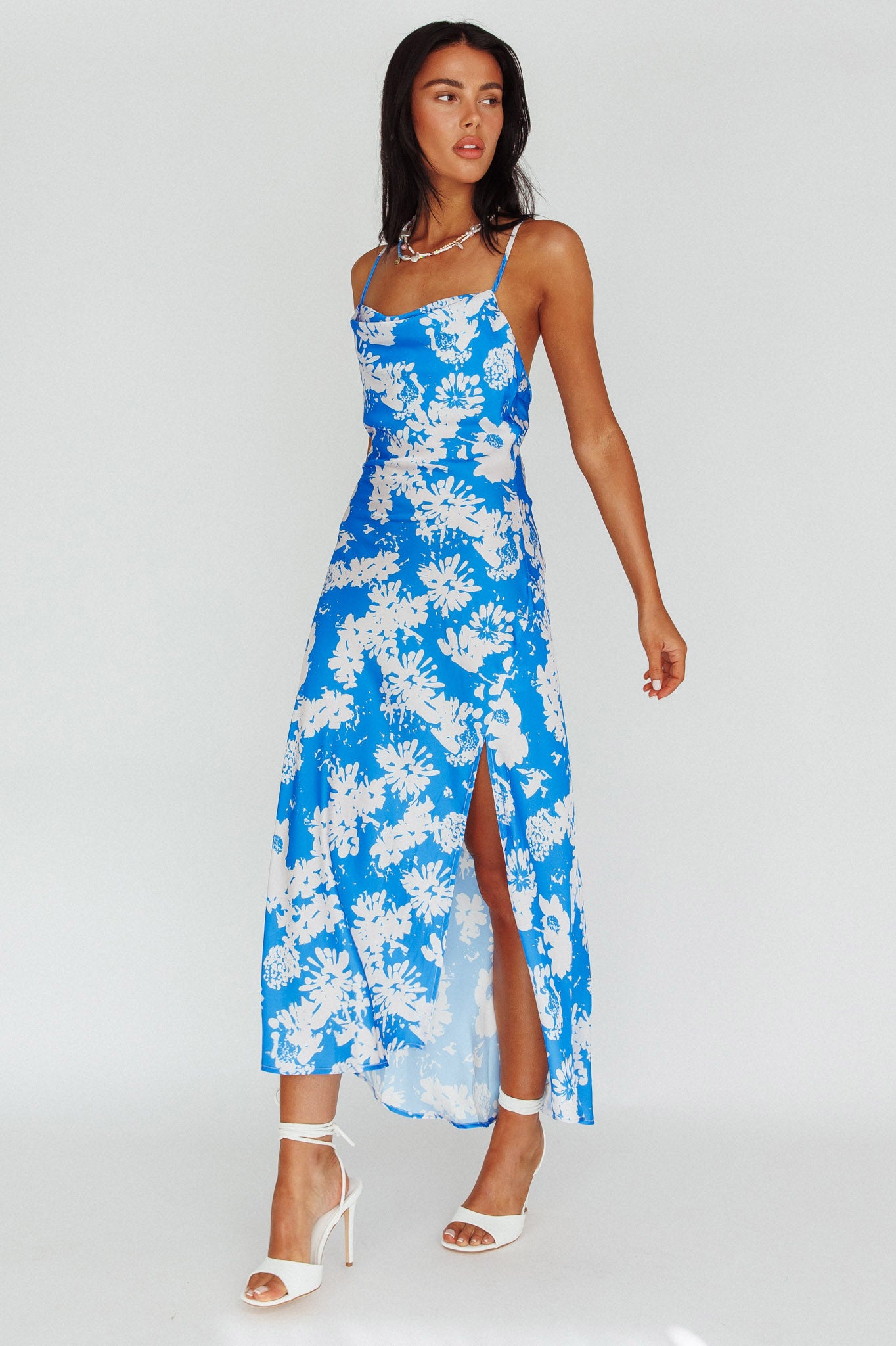 Sherilyn Criss-Cross Back Midi Dress Blue Floral by Selfie Leslie Australia
