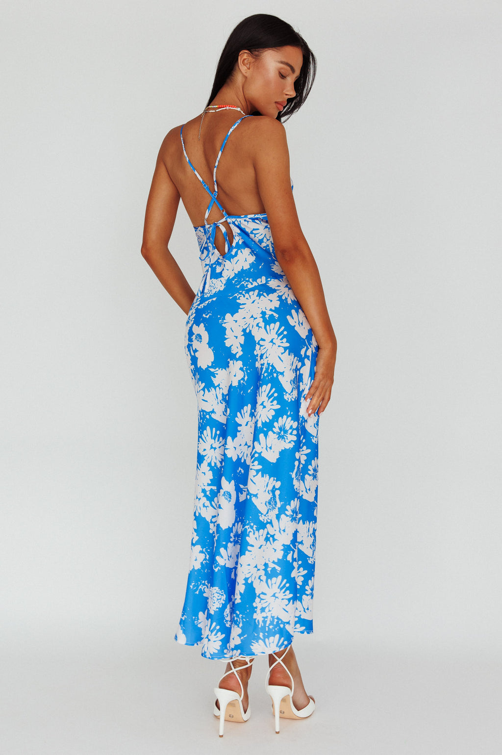 Sherilyn Criss-Cross Back Midi Dress Blue Floral by Selfie Leslie Australia