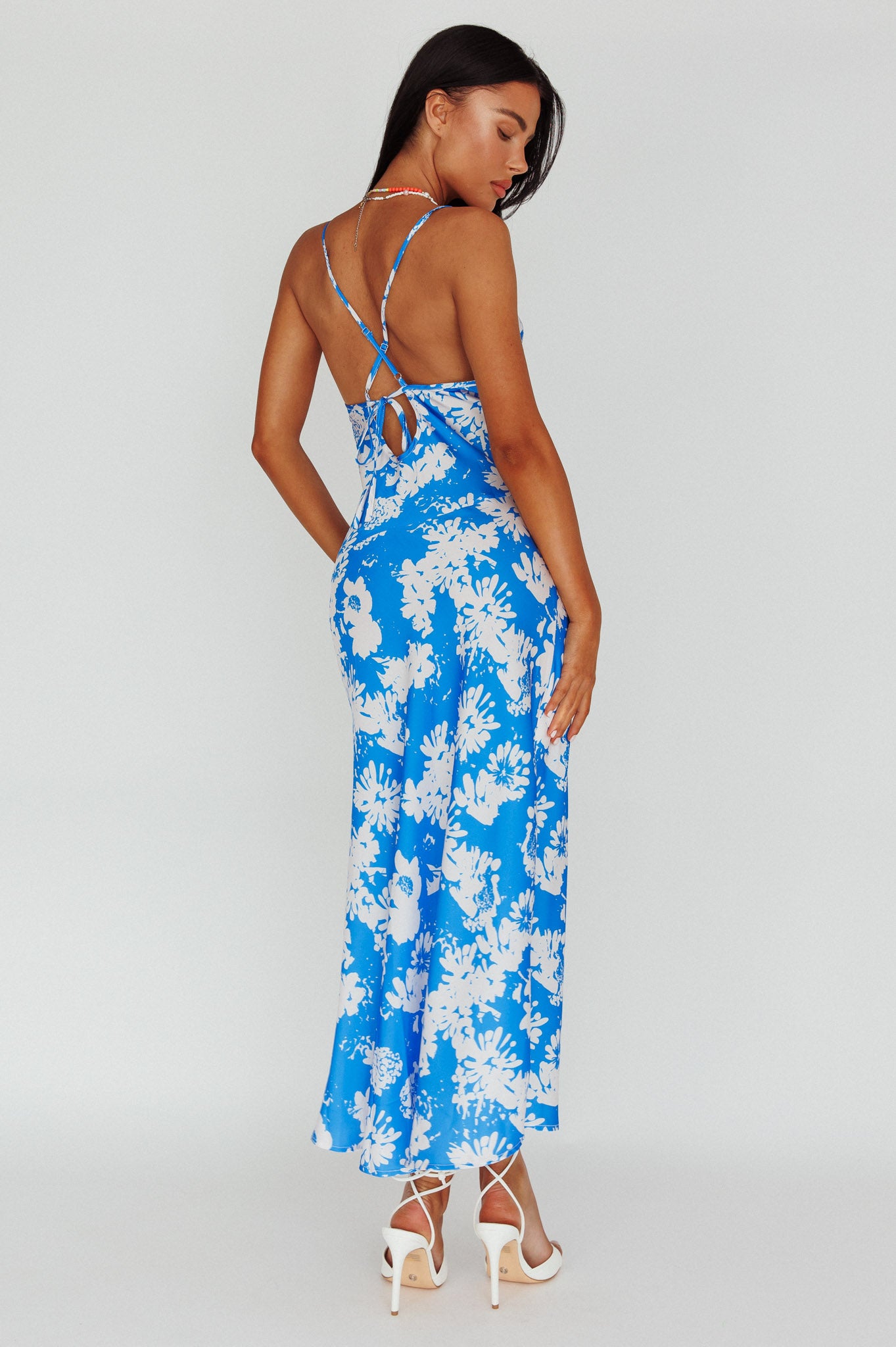 Sherilyn Criss-Cross Back Midi Dress Blue Floral by Selfie Leslie Australia