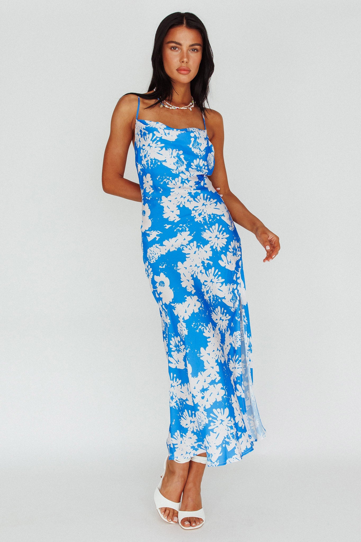 Sherilyn Criss-Cross Back Midi Dress Blue Floral by Selfie Leslie Australia