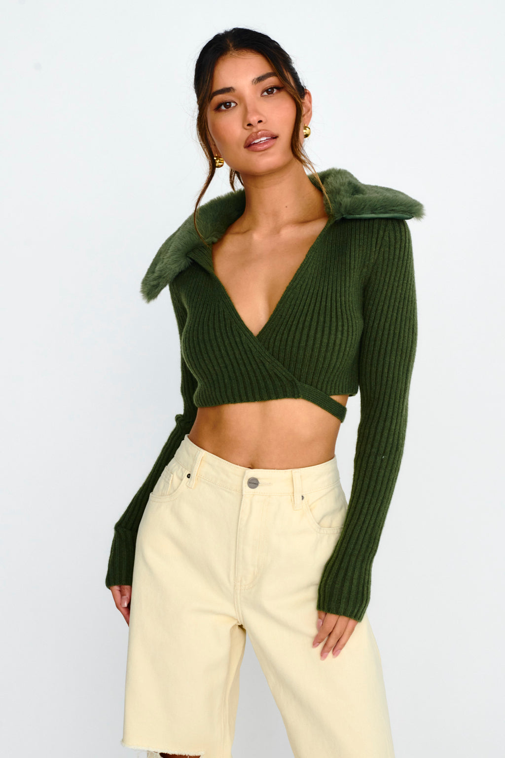 Hollyoak Fur Collar Knit Crop Top Dark Olive by Selfie Leslie Australia