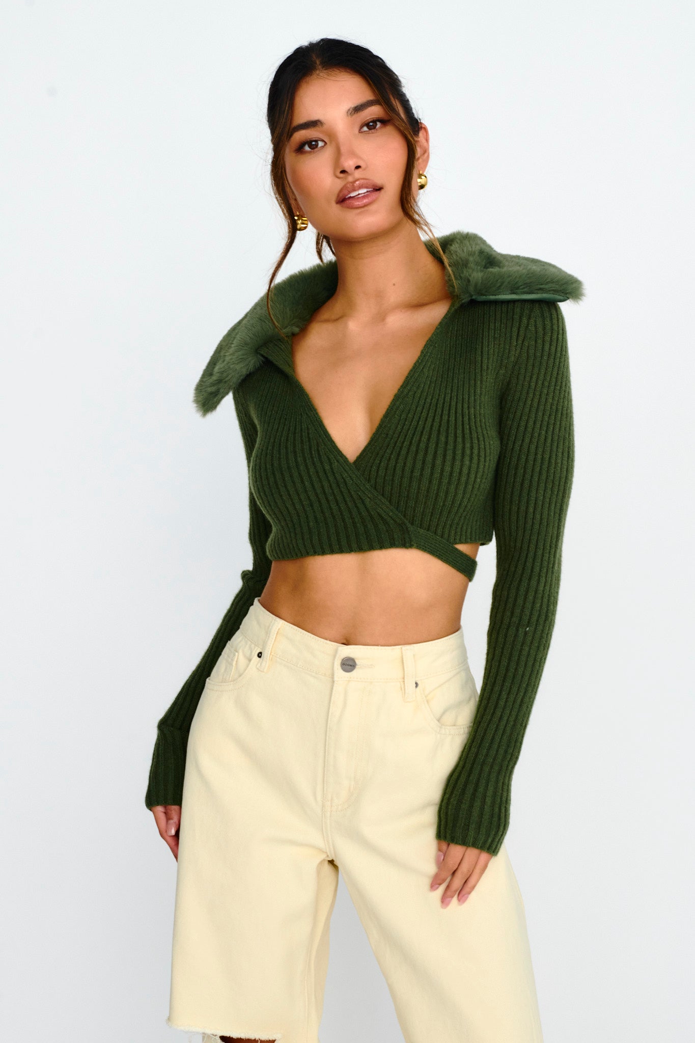 Hollyoak Fur Collar Knit Crop Top Dark Olive by Selfie Leslie Australia