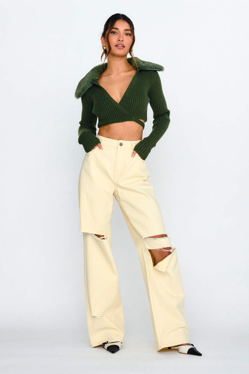 Hollyoak Fur Collar Knit Crop Top Dark Olive by Selfie Leslie Australia
