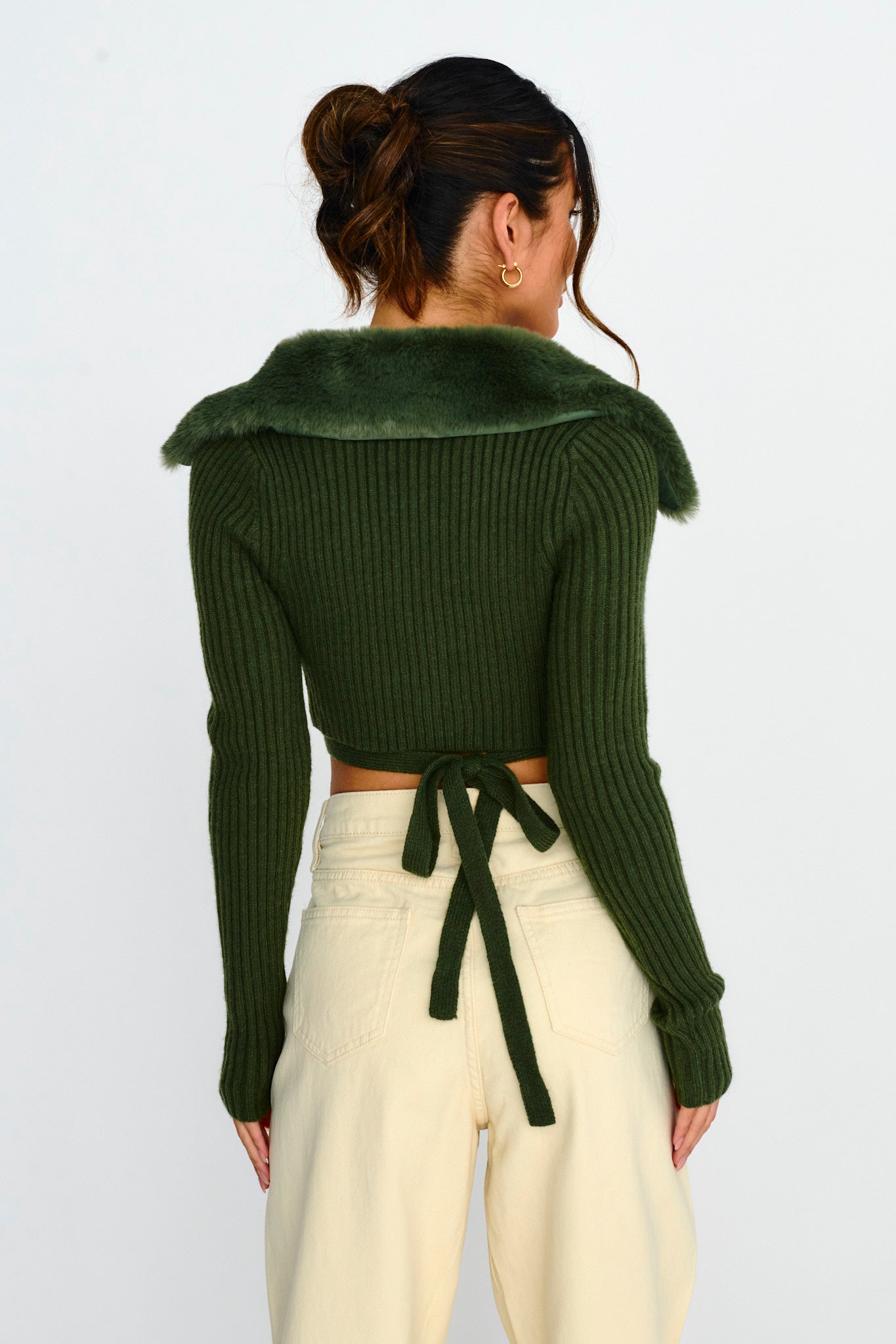Hollyoak Fur Collar Knit Crop Top Dark Olive by Selfie Leslie Australia
