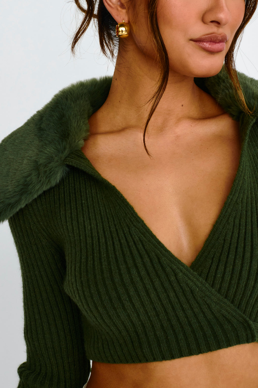 Hollyoak Fur Collar Knit Crop Top Dark Olive by Selfie Leslie Australia