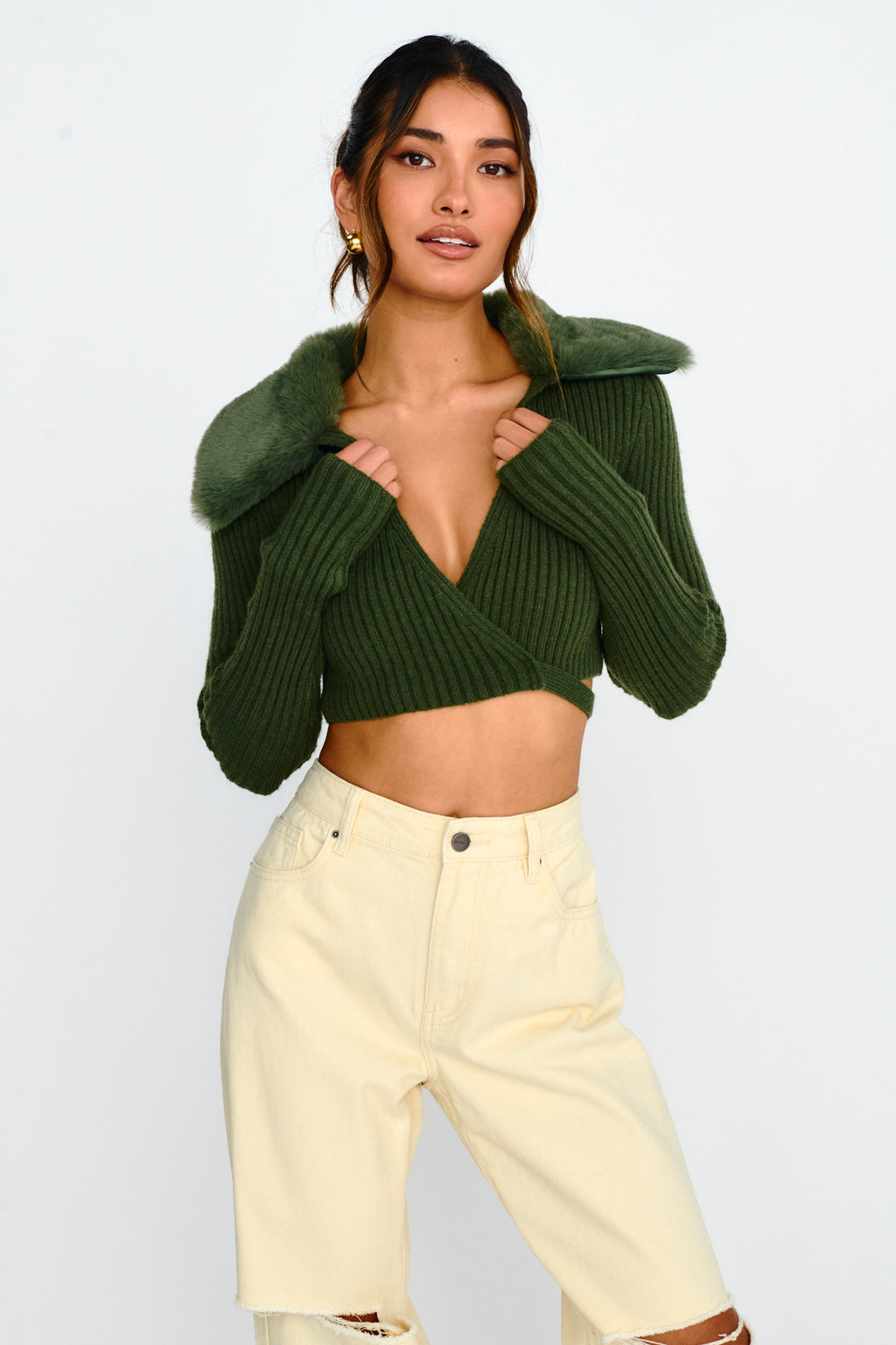 Hollyoak Fur Collar Knit Crop Top Dark Olive by Selfie Leslie Australia