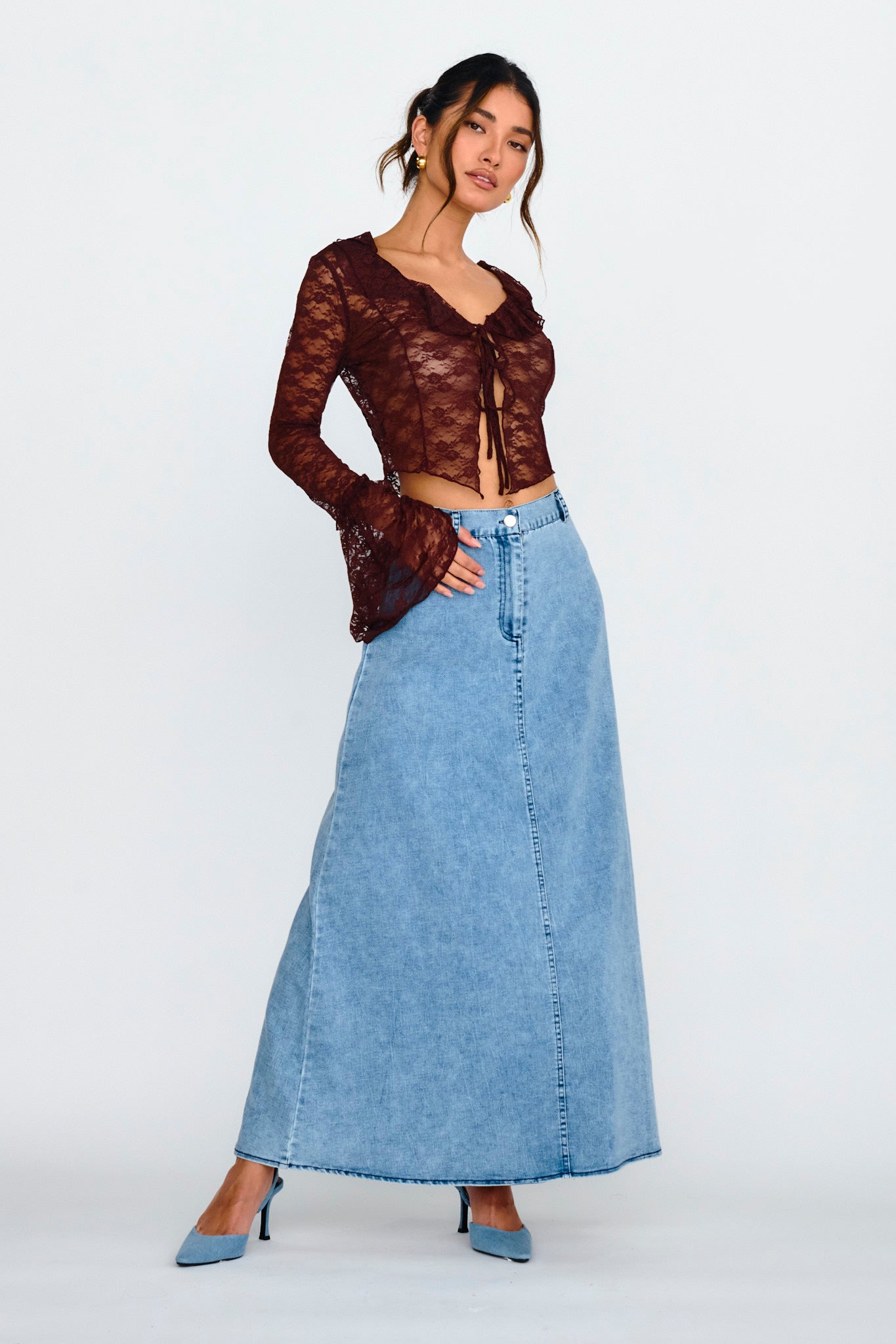 Siren Long Sleeve Tied Lace Top Brown by Selfie Leslie Australia