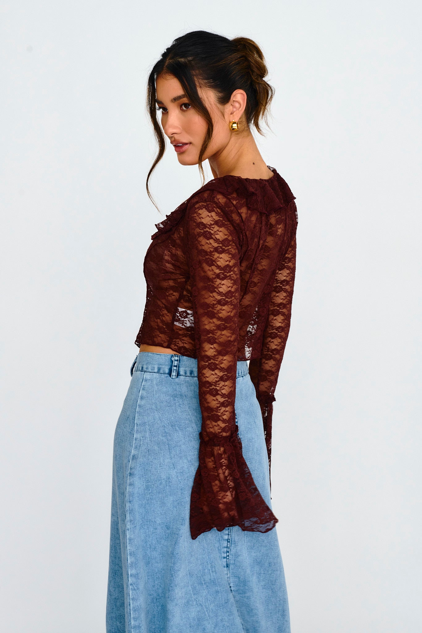 Siren Long Sleeve Tied Lace Top Brown by Selfie Leslie Australia