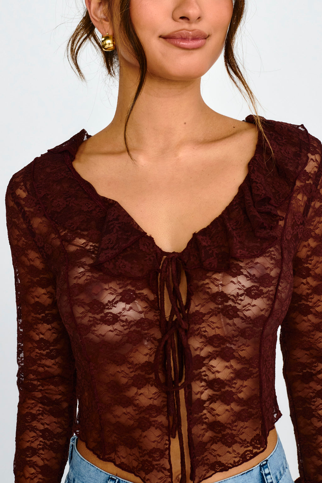 Siren Long Sleeve Tied Lace Top Brown by Selfie Leslie Australia