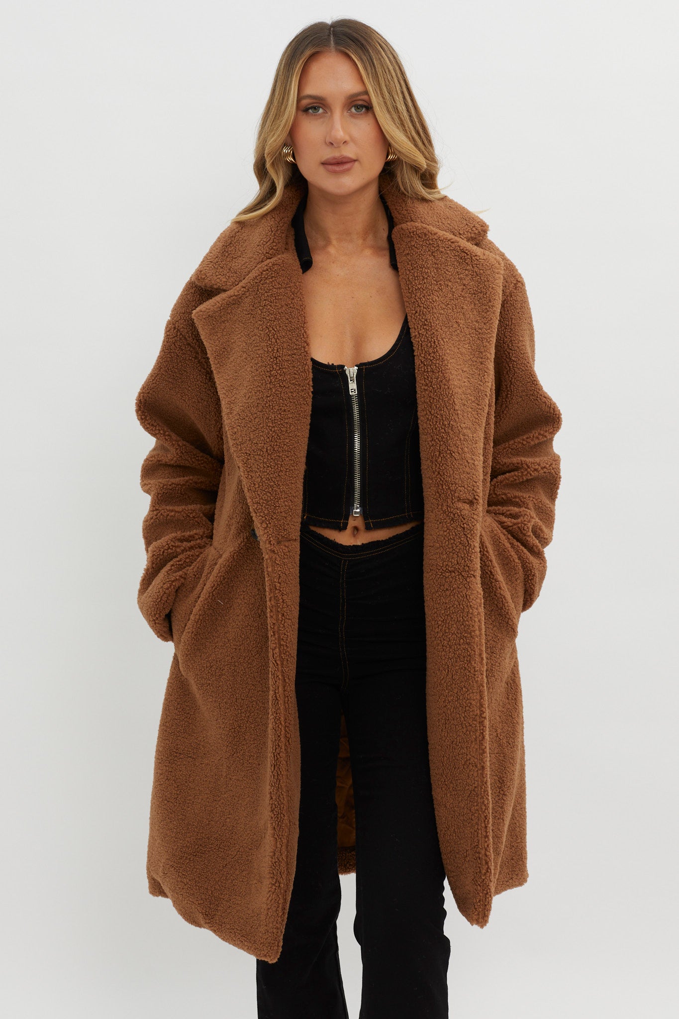 Alaska Long Side Pocket Coat Mocha by Selfie Leslie Australia