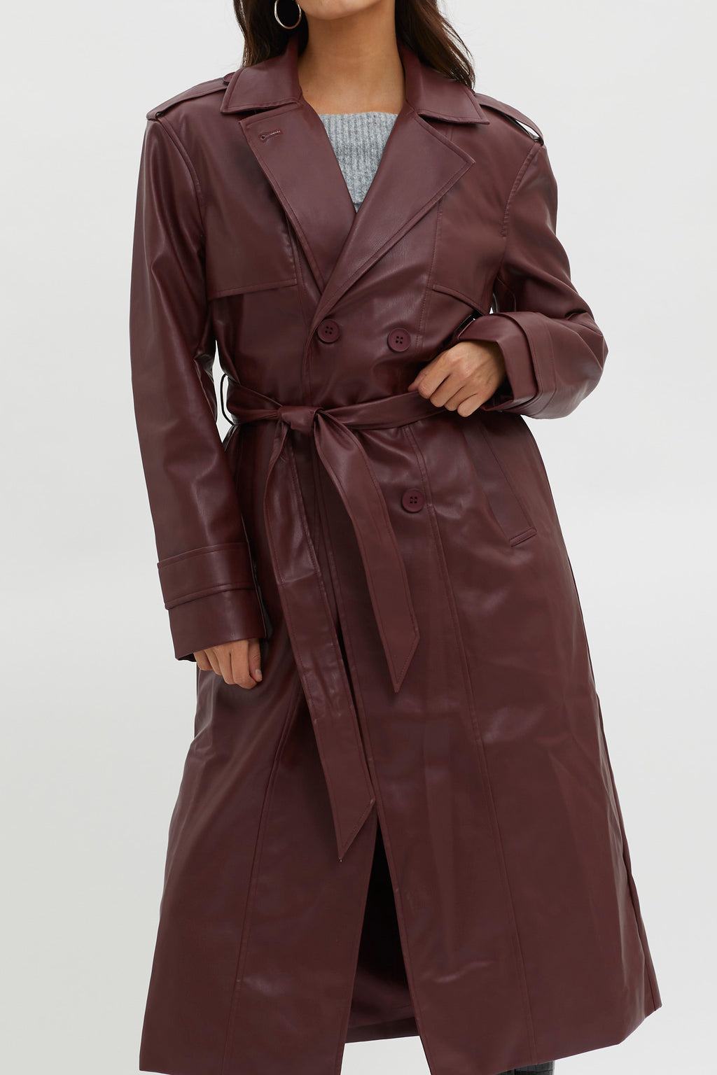 Zen Faux Leather Trench Coat Burgundy by Selfie Leslie Australia