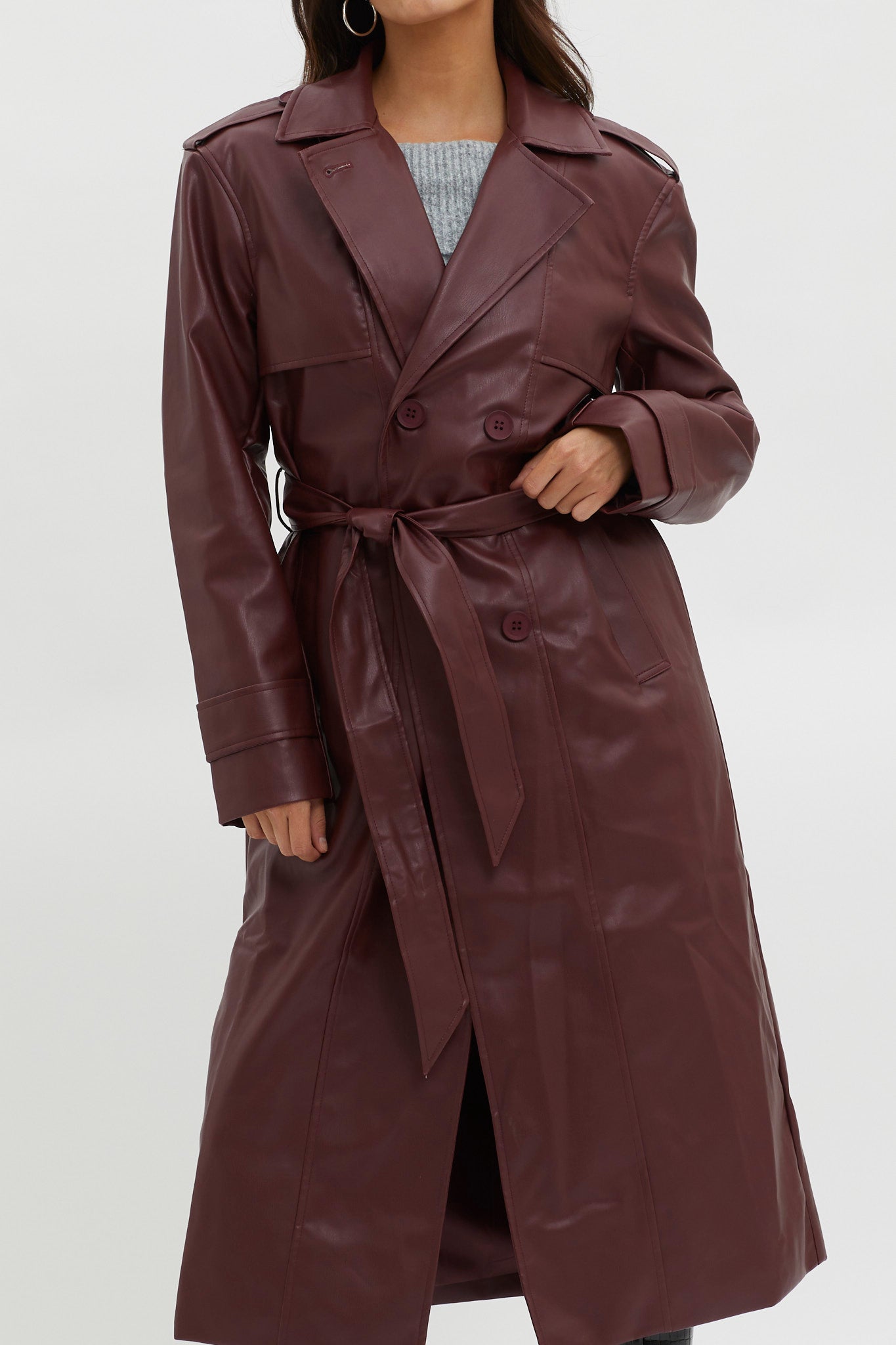 Zen Faux Leather Trench Coat Burgundy by Selfie Leslie Australia