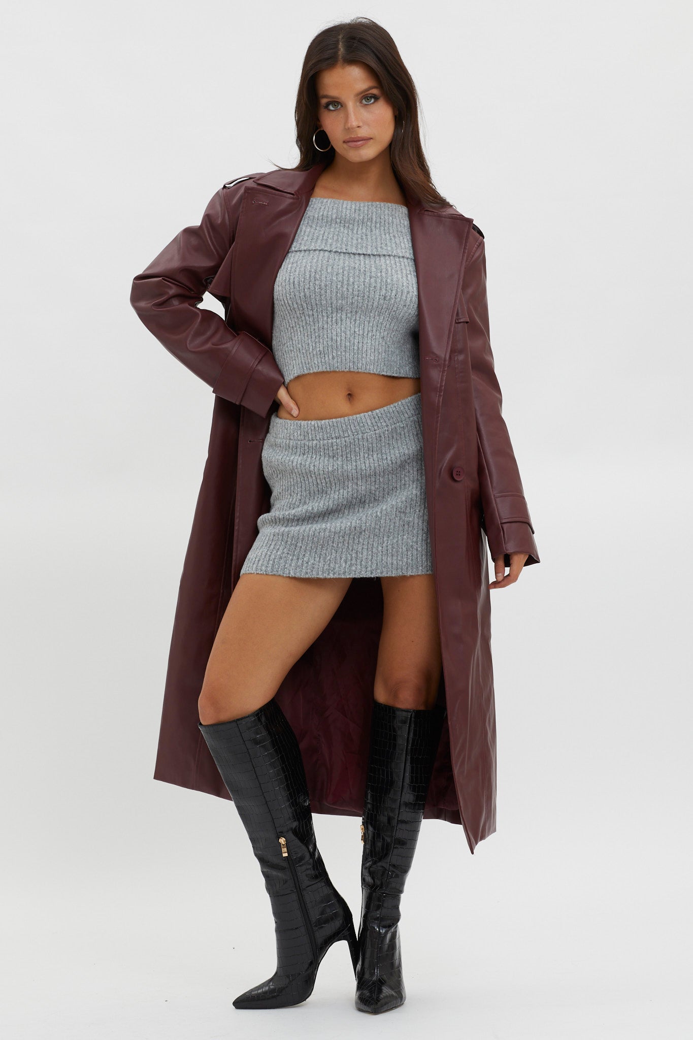 Zen Faux Leather Trench Coat Burgundy by Selfie Leslie Australia
