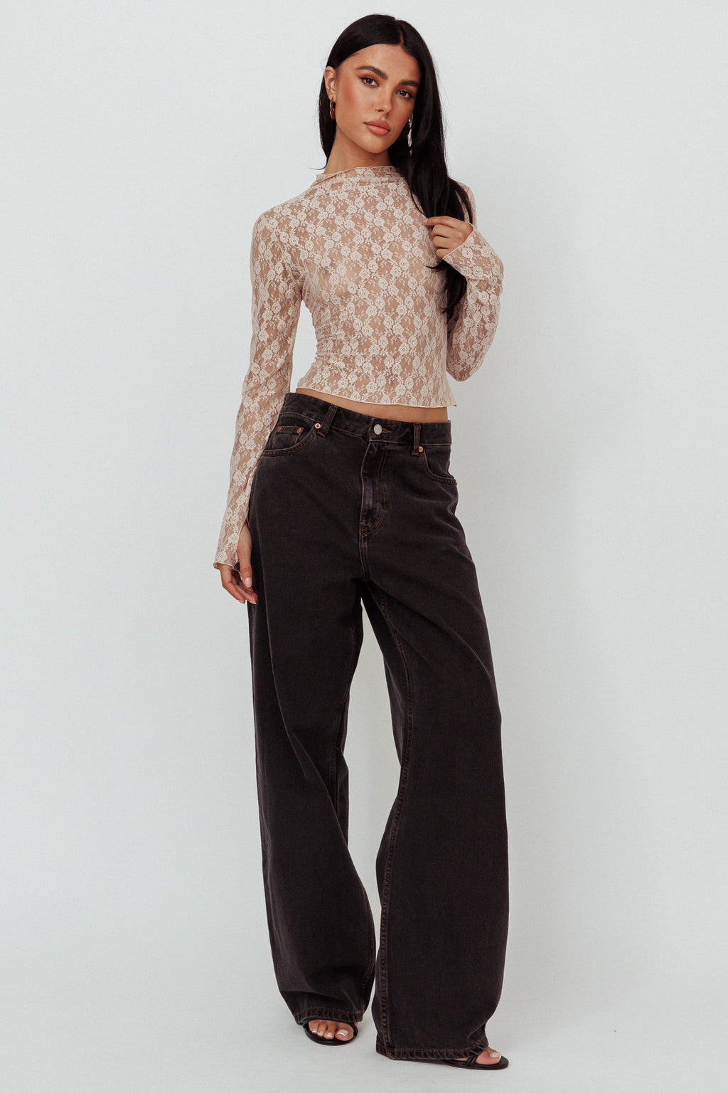 A La Mode Long Sleeve Lace Top Taupe by Selfie Leslie Australia