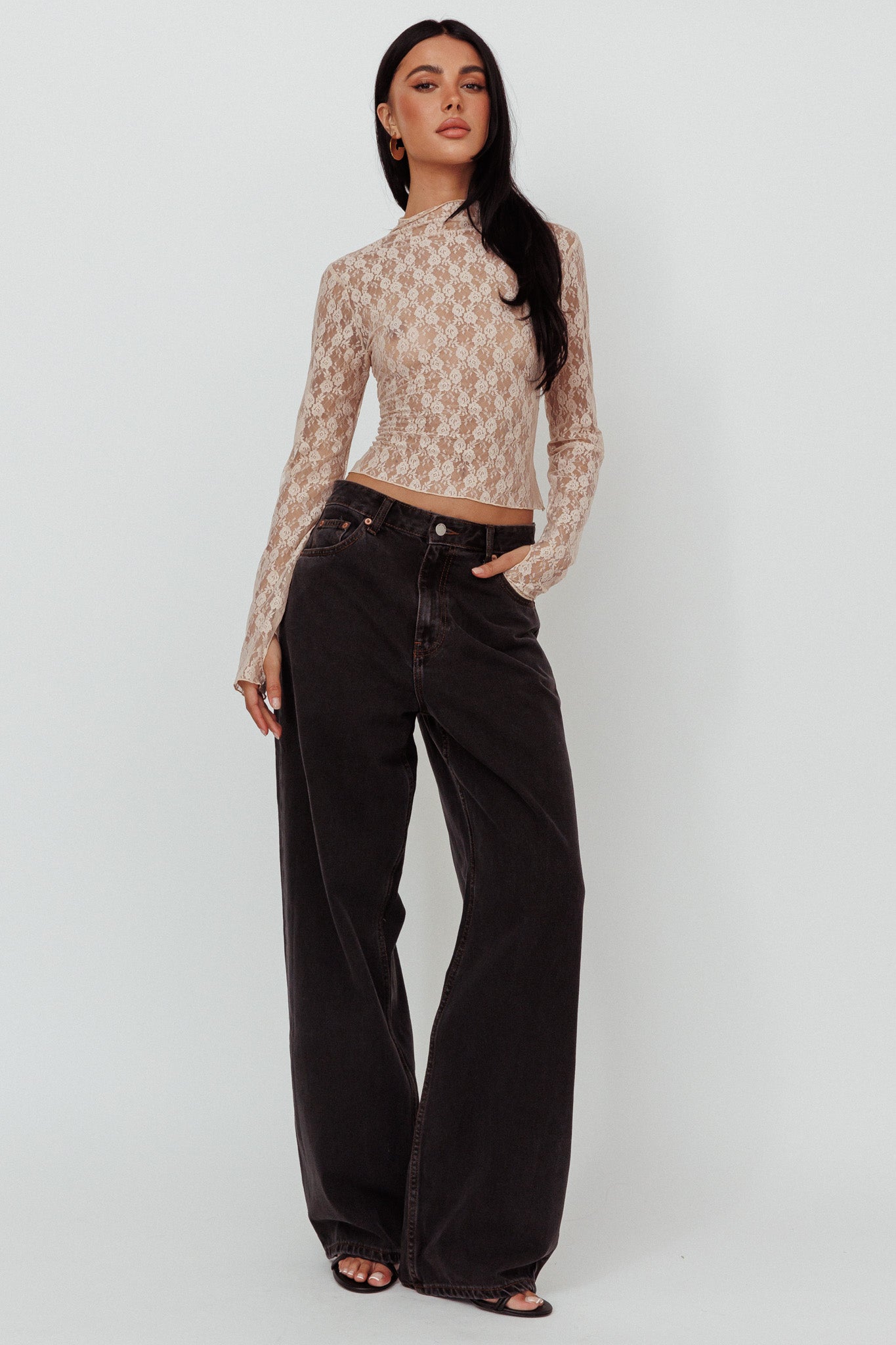 A La Mode Long Sleeve Lace Top Taupe by Selfie Leslie Australia