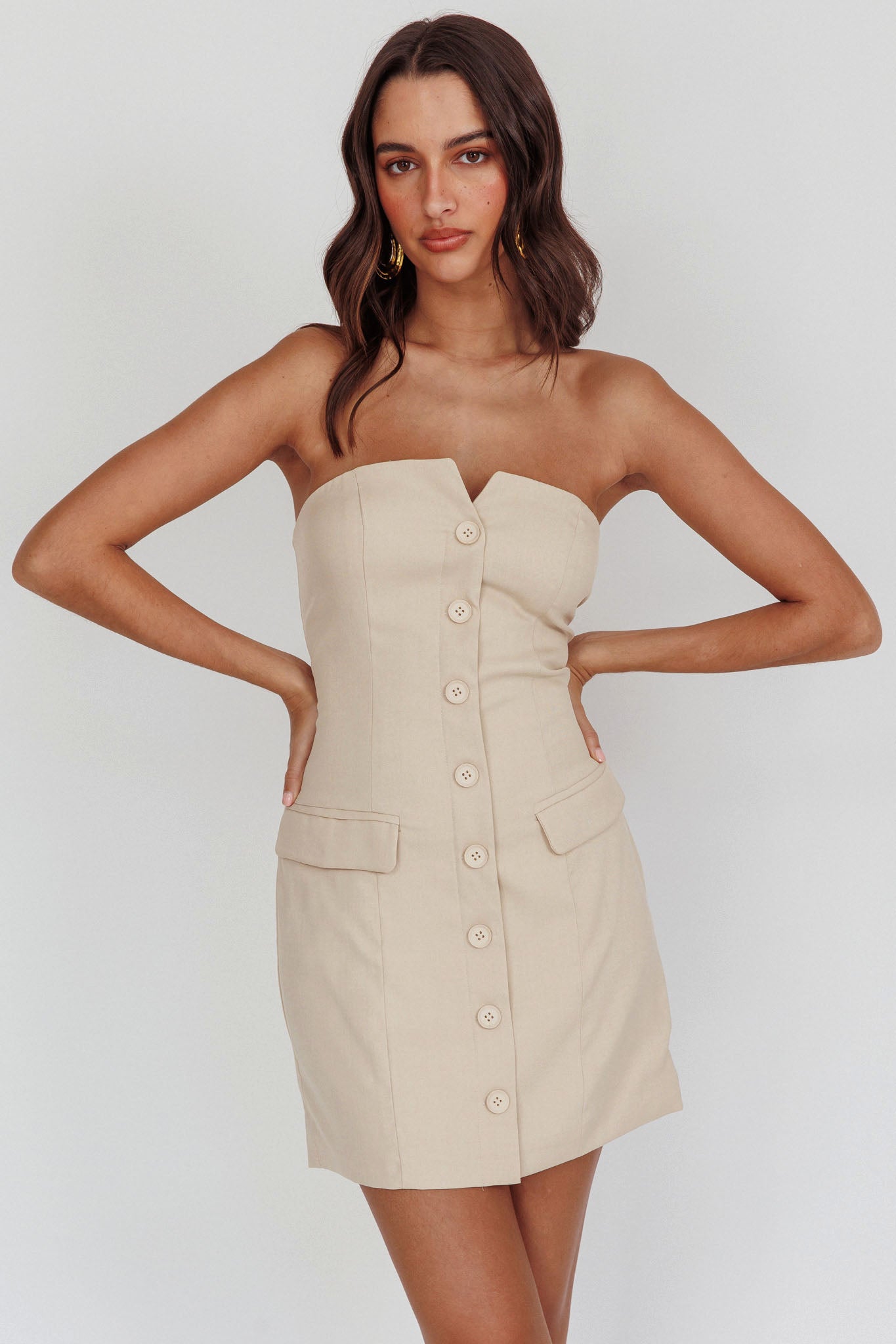 Titania Strapless Buttoned Mini Dress Light Taupe by Selfie Leslie Australia