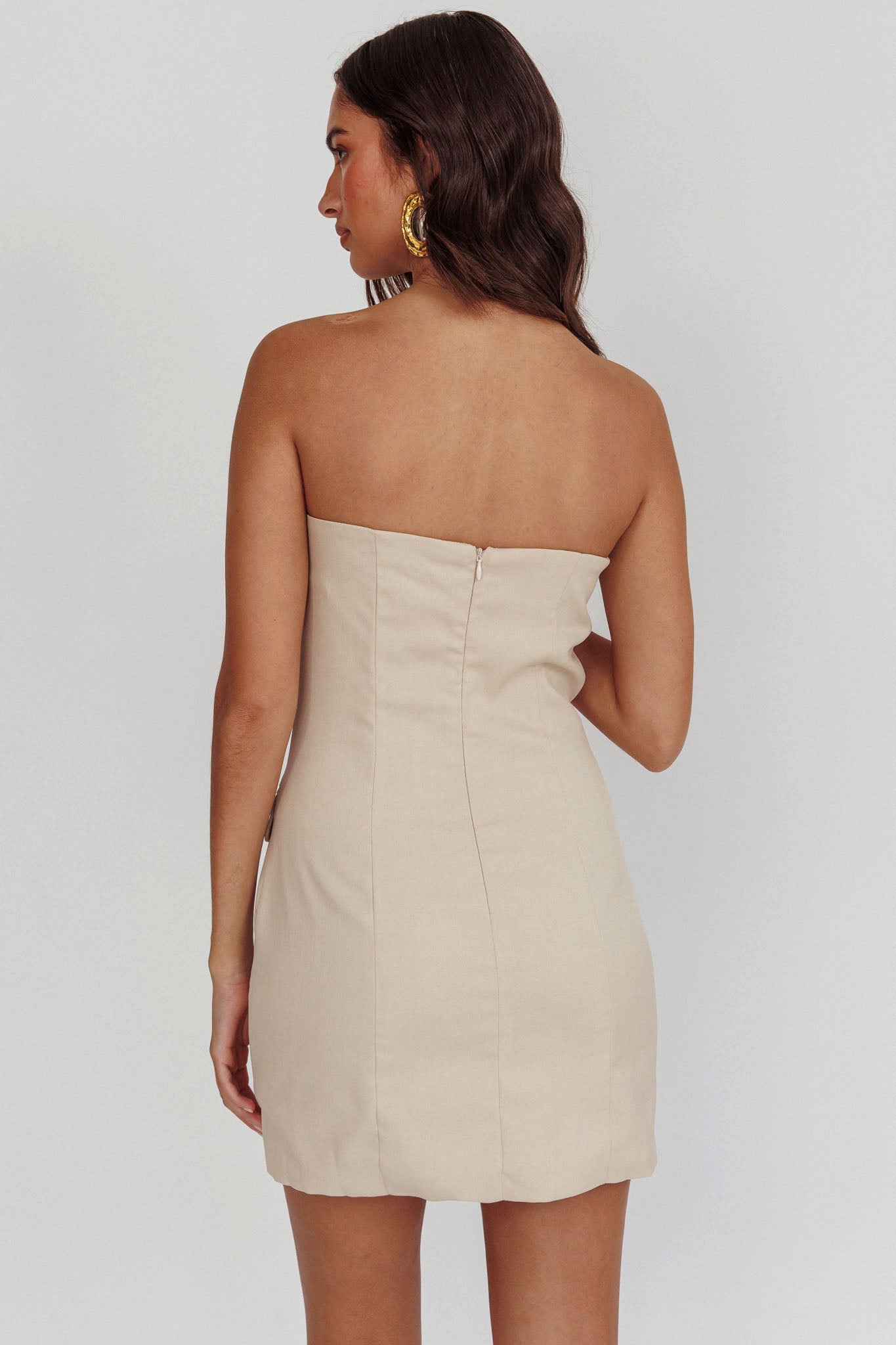 Titania Strapless Buttoned Mini Dress Light Taupe by Selfie Leslie Australia