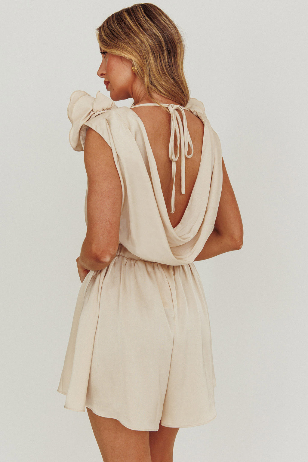 Hallie Cowl Neck Rosette Romper Champagne by Selfie Leslie Australia