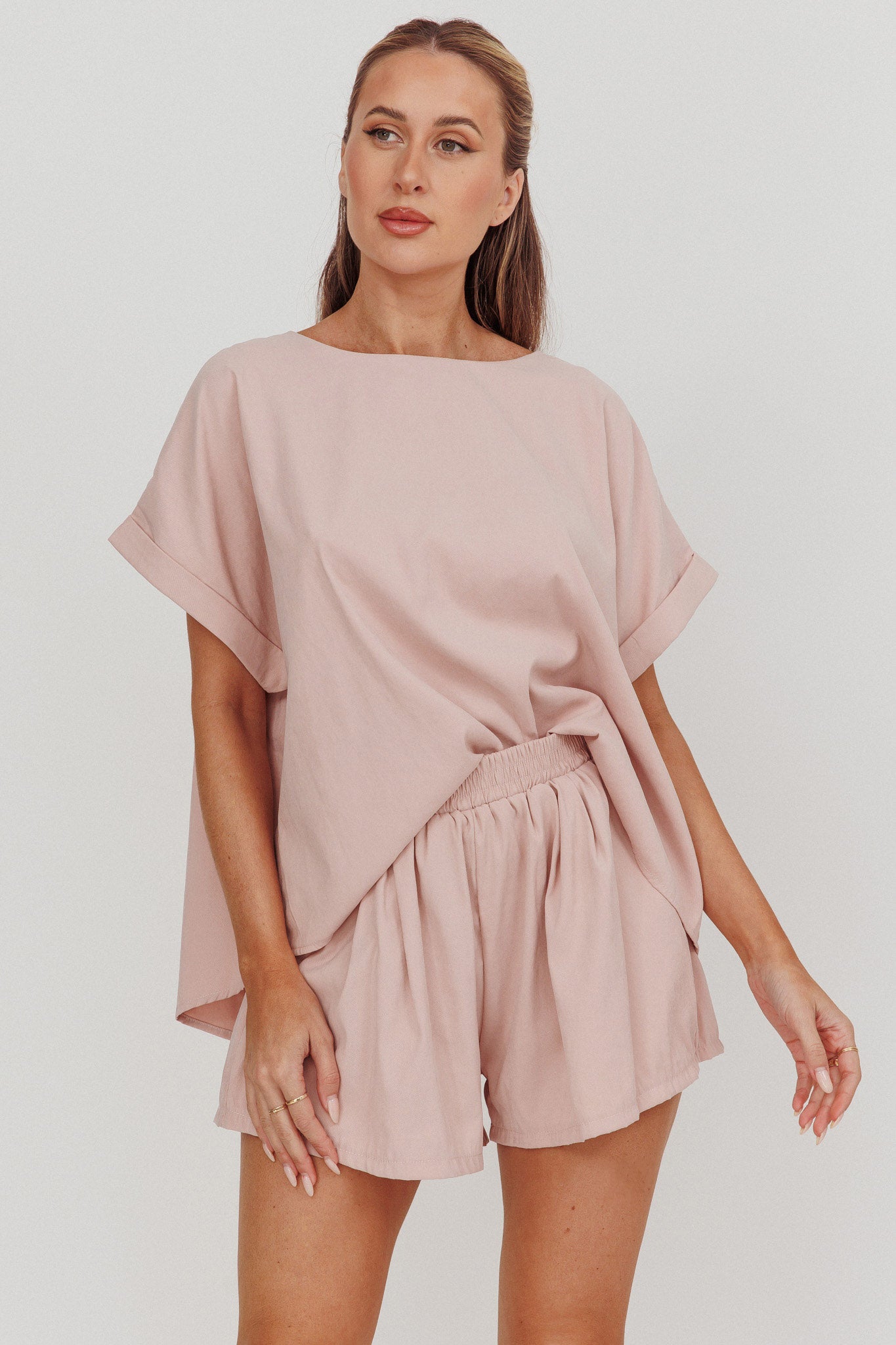 Yuna Elastic Waist Relaxed Shorts Blush by Selfie Leslie Australia
