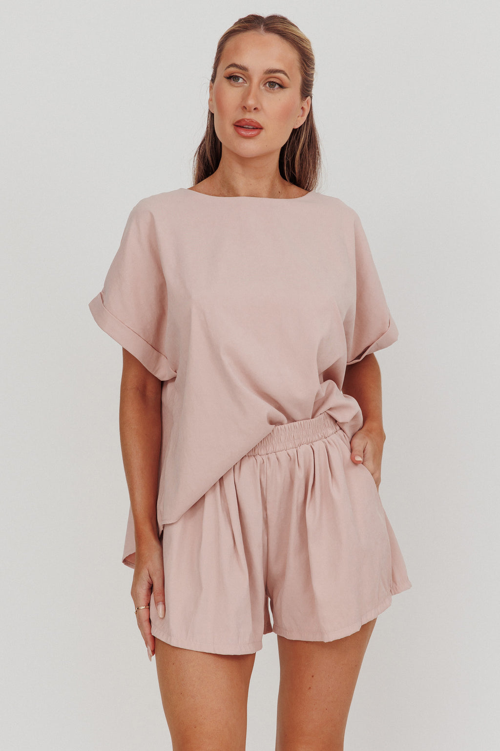 Yuna Elastic Waist Relaxed Shorts Blush by Selfie Leslie Australia