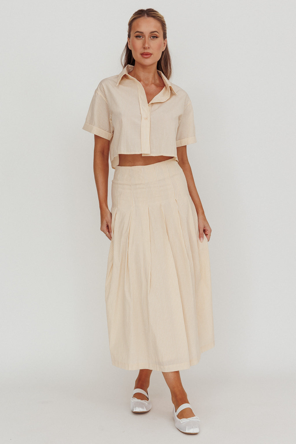 Zealous A-Line Striped Midi Skirt Beige/Off White by Selfie Leslie Australia