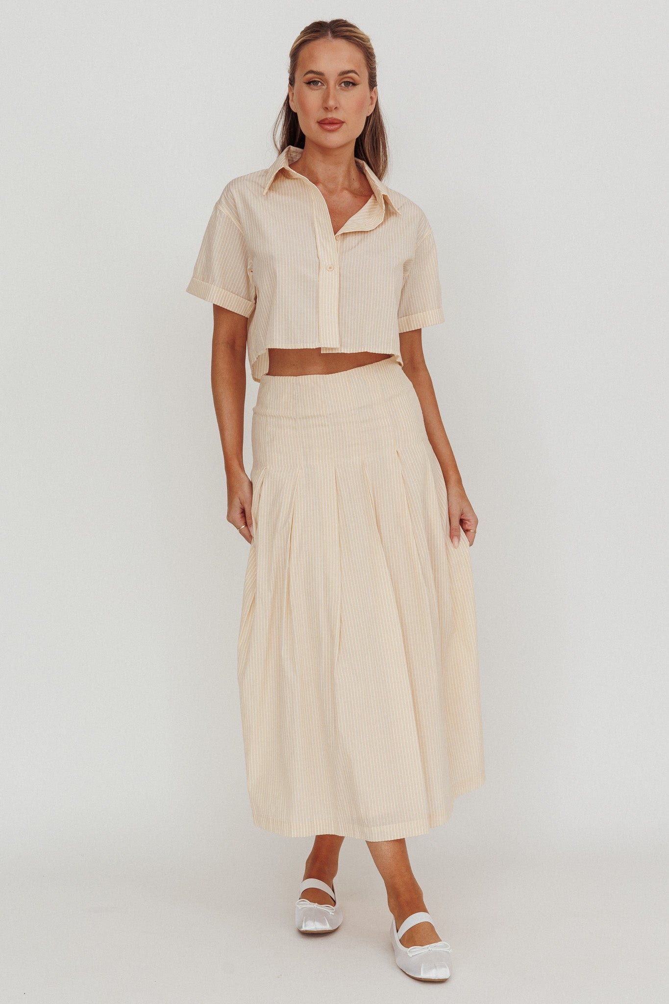 Zealous A-Line Striped Midi Skirt Beige/Off White by Selfie Leslie Australia