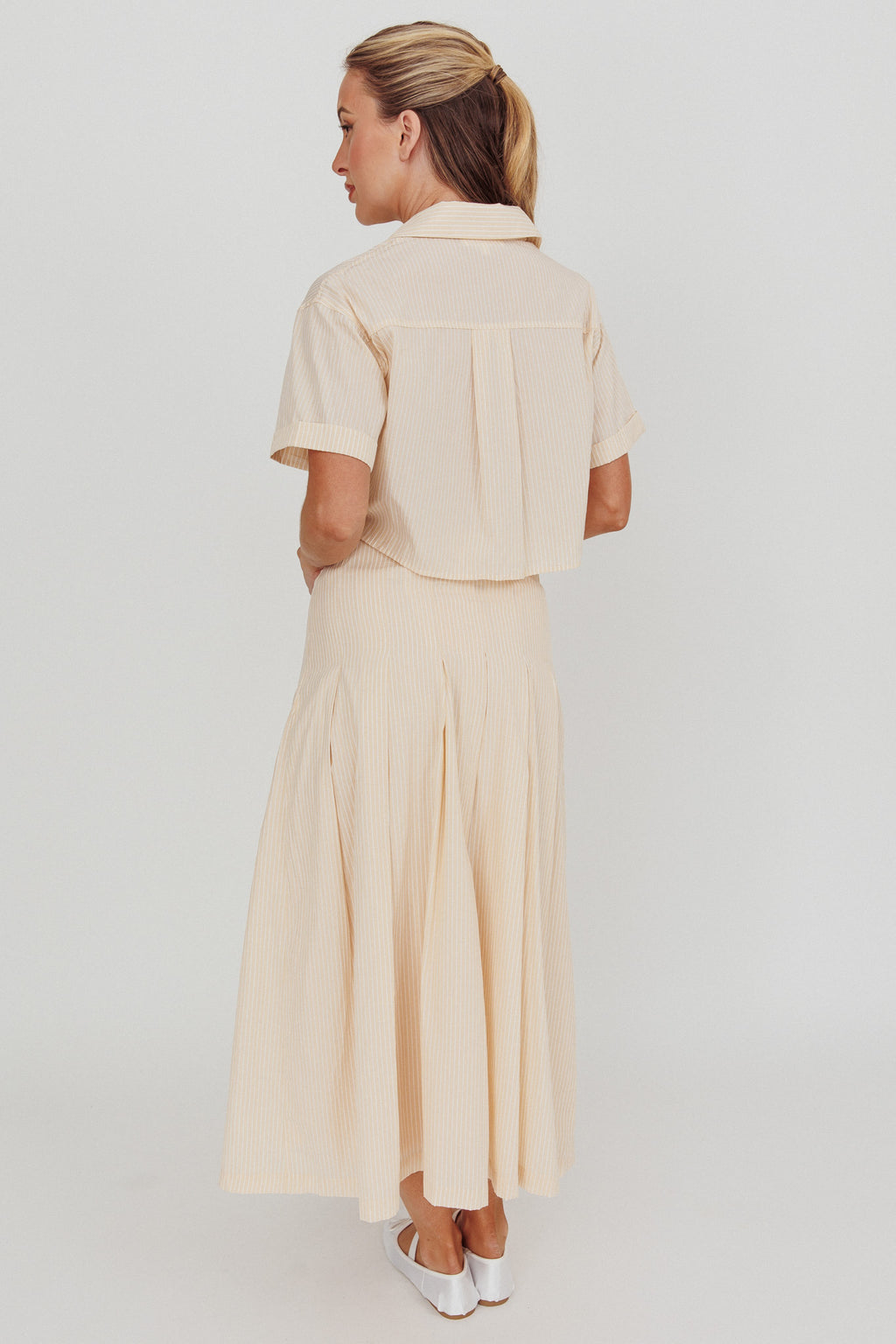 Zealous A-Line Striped Midi Skirt Beige/Off White by Selfie Leslie Australia