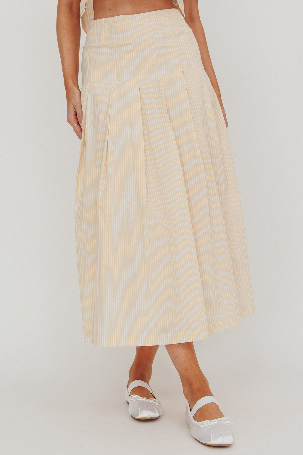 Zealous A-Line Striped Midi Skirt Beige/Off White by Selfie Leslie Australia