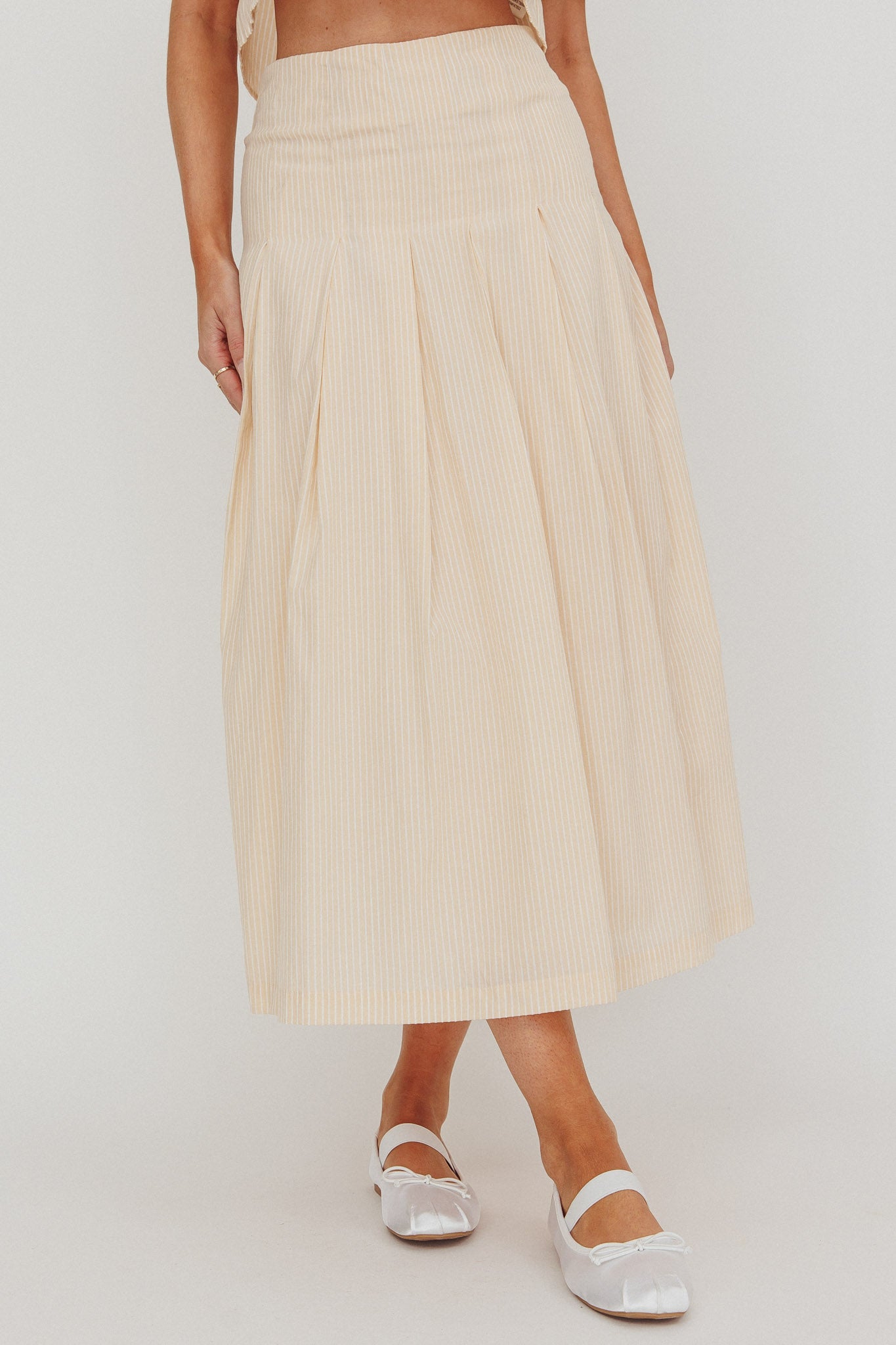 Zealous A-Line Striped Midi Skirt Beige/Off White by Selfie Leslie Australia