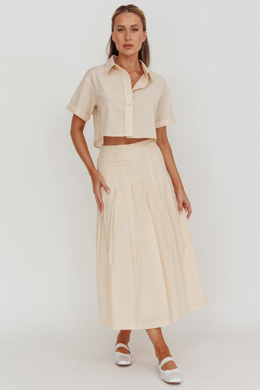 Zealous A-Line Striped Midi Skirt Beige/Off White by Selfie Leslie Australia