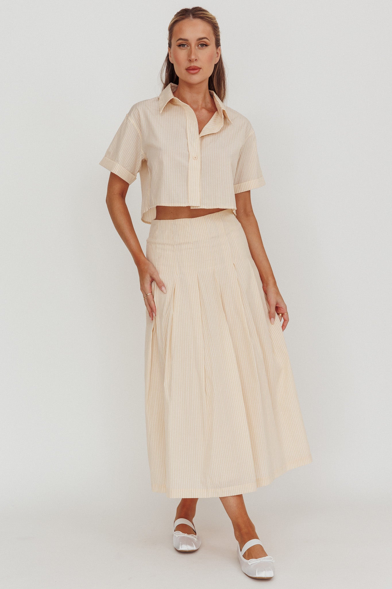 Zealous A-Line Striped Midi Skirt Beige/Off White by Selfie Leslie Australia